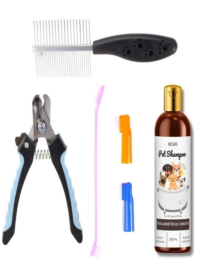 مجموعة العناية بالحيوانات الأليفة مع مقص أظافر، مشط معدني، فرش تنظيف، وشامبو لمكافحة القراد، 200 مل (عبوة من 4 قطع) - Image 1